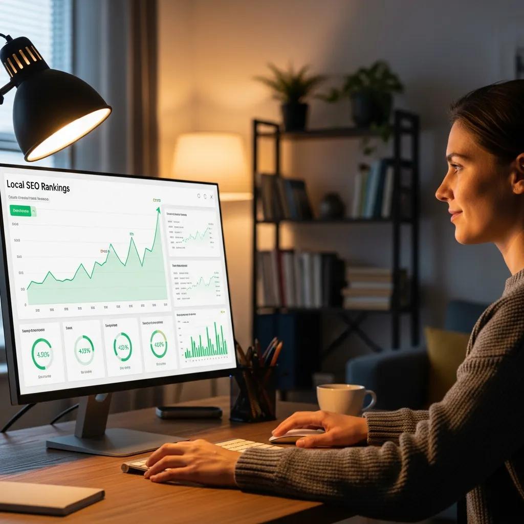 Person reviewing local SEO metrics on a laptop at home