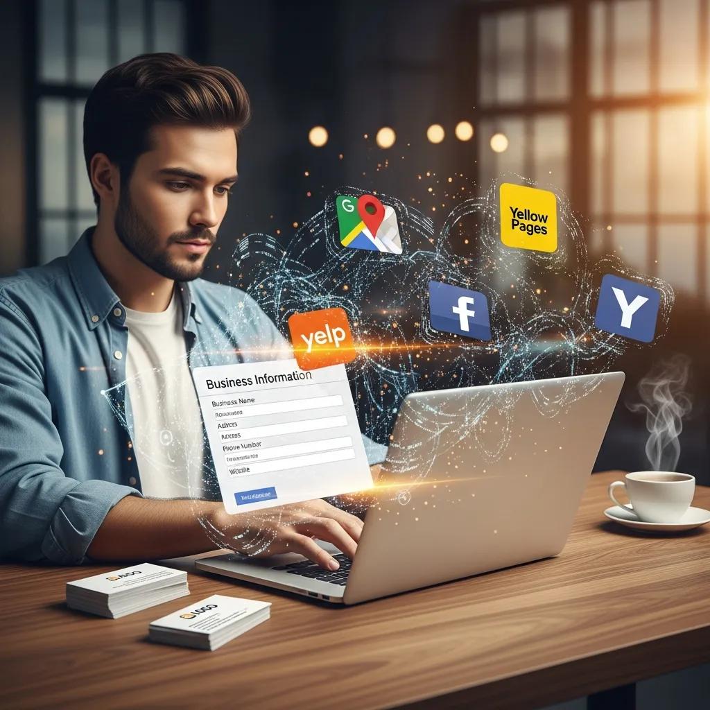 Person entering business details into an online directory to create local citations