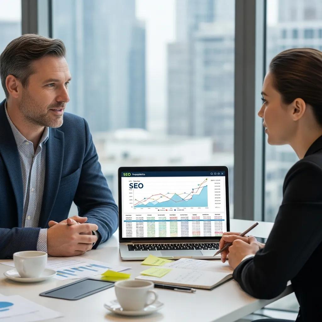 Business owner and SEO consultant discussing local marketing strategies